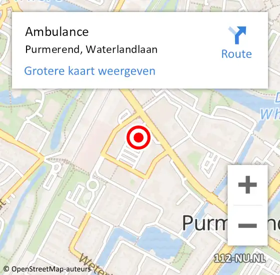 Locatie op kaart van de 112 melding: Ambulance Purmerend, Waterlandlaan op 14 juni 2024 20:46