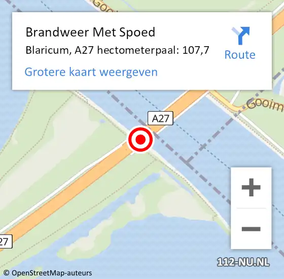 Locatie op kaart van de 112 melding: Brandweer Met Spoed Naar Blaricum, A27 hectometerpaal: 107,7 op 14 juni 2024 21:29