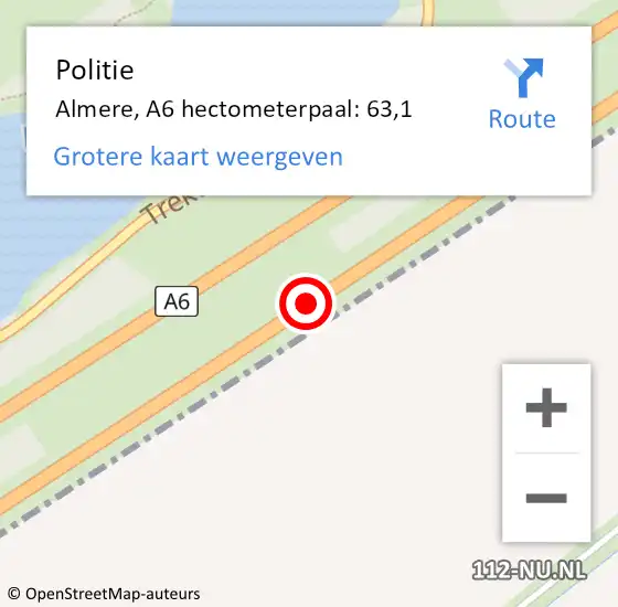 Locatie op kaart van de 112 melding: Politie Almere, A6 hectometerpaal: 63,1 op 14 juni 2024 21:44