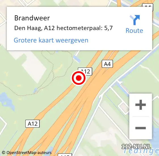 Locatie op kaart van de 112 melding: Brandweer Pijnacker-Nootdorp, A12 hectometerpaal: 5,7 op 14 juni 2024 22:04
