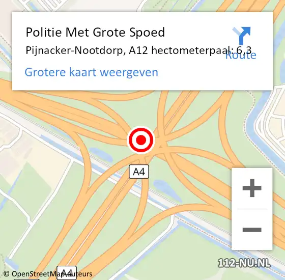 Locatie op kaart van de 112 melding: Politie Met Grote Spoed Naar Pijnacker-Nootdorp, A12 hectometerpaal: 6,3 op 14 juni 2024 22:17