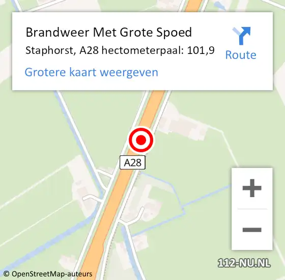 Locatie op kaart van de 112 melding: Brandweer Met Grote Spoed Naar Staphorst, A28 hectometerpaal: 101,9 op 14 juni 2024 22:48