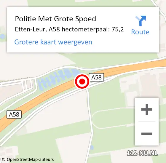 Locatie op kaart van de 112 melding: Politie Met Grote Spoed Naar Etten-Leur, A58 hectometerpaal: 75,2 op 14 juni 2024 22:56