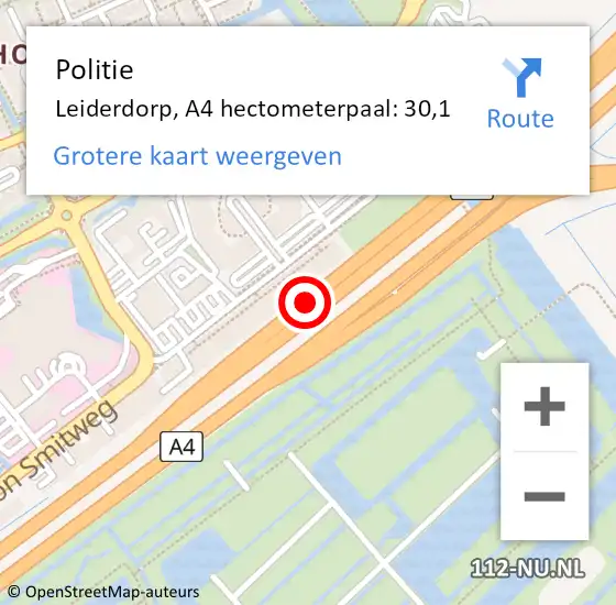 Locatie op kaart van de 112 melding: Politie Leiderdorp, A4 hectometerpaal: 30,1 op 14 juni 2024 23:03