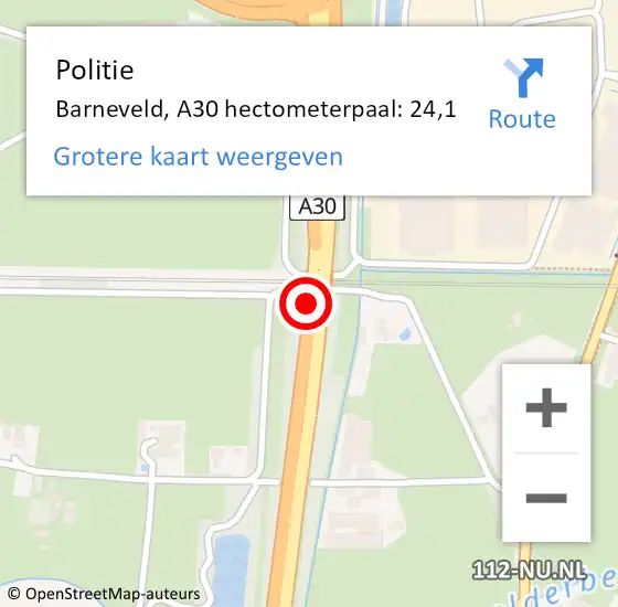 Locatie op kaart van de 112 melding: Politie Barneveld, A30 hectometerpaal: 24,1 op 14 juni 2024 23:18