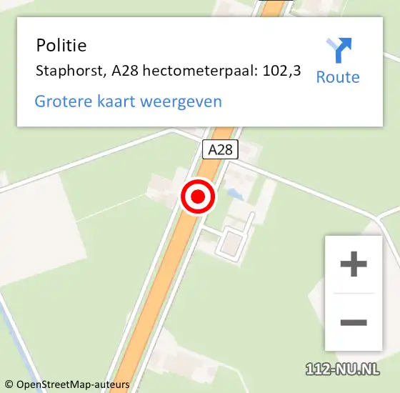 Locatie op kaart van de 112 melding: Politie Staphorst, A28 hectometerpaal: 102,3 op 14 juni 2024 23:30