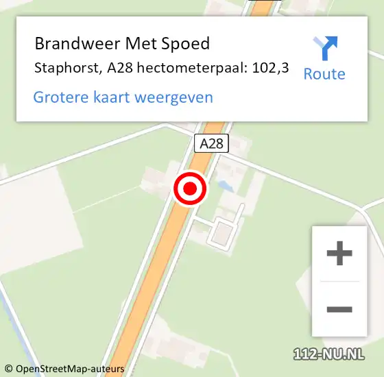 Locatie op kaart van de 112 melding: Brandweer Met Spoed Naar Staphorst, A28 hectometerpaal: 102,3 op 14 juni 2024 23:32