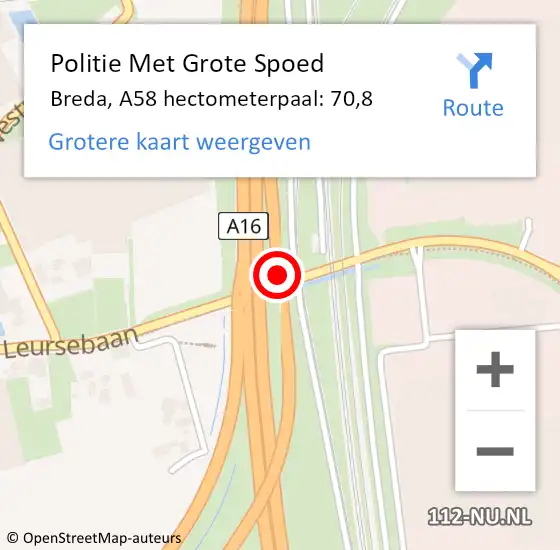 Locatie op kaart van de 112 melding: Politie Met Grote Spoed Naar Breda, A58 hectometerpaal: 70,8 op 14 juni 2024 23:52