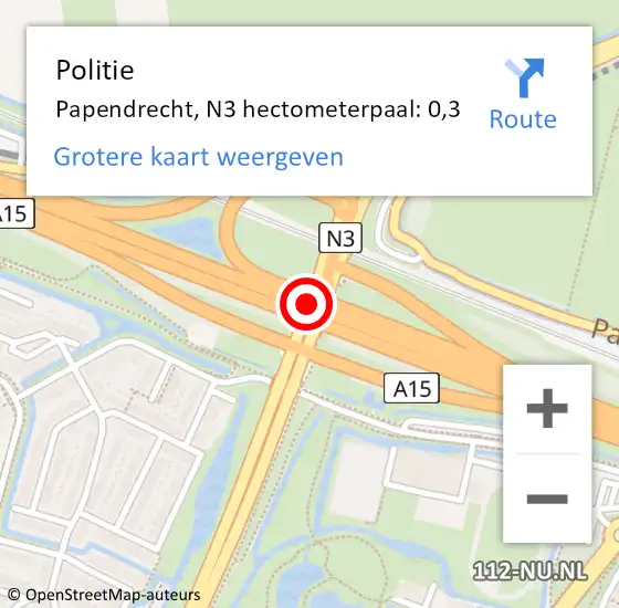 Locatie op kaart van de 112 melding: Politie Papendrecht, N3 hectometerpaal: 0,3 op 15 juni 2024 00:00