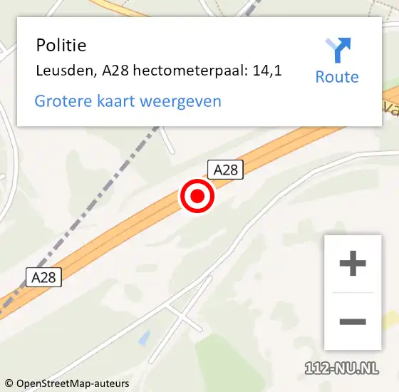 Locatie op kaart van de 112 melding: Politie Leusden, A28 hectometerpaal: 14,1 op 15 juni 2024 00:09