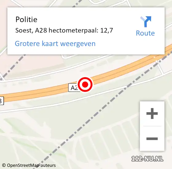 Locatie op kaart van de 112 melding: Politie Soest, A28 hectometerpaal: 12,7 op 15 juni 2024 00:11