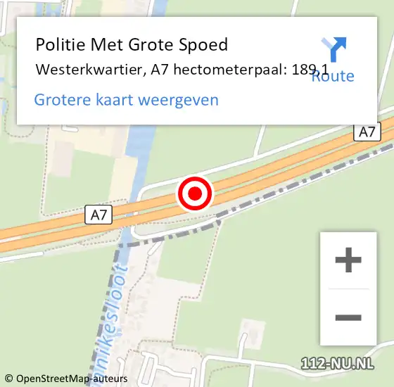 Locatie op kaart van de 112 melding: Politie Met Grote Spoed Naar Westerkwartier, A7 hectometerpaal: 189,1 op 15 juni 2024 03:13