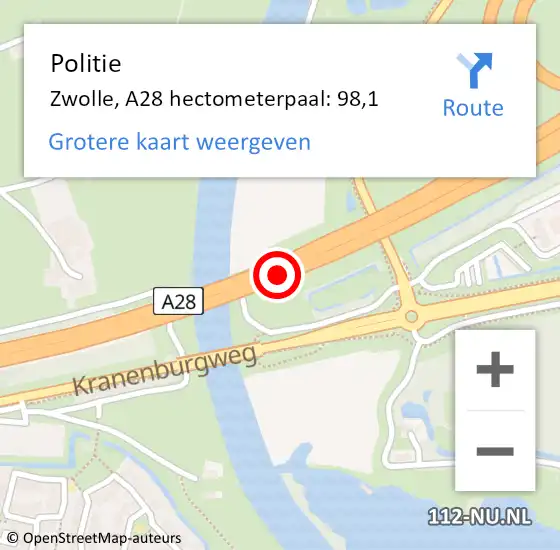 Locatie op kaart van de 112 melding: Politie Zwolle, A28 hectometerpaal: 98,1 op 15 juni 2024 05:40