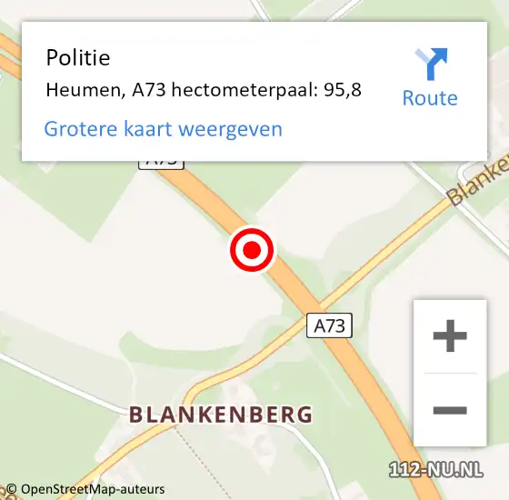 Locatie op kaart van de 112 melding: Politie Heumen, A73 hectometerpaal: 95,8 op 15 juni 2024 05:42