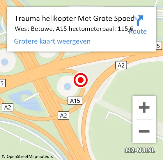 Locatie op kaart van de 112 melding: Trauma helikopter Met Grote Spoed Naar West Betuwe, A15 hectometerpaal: 115,6 op 15 juni 2024 06:30