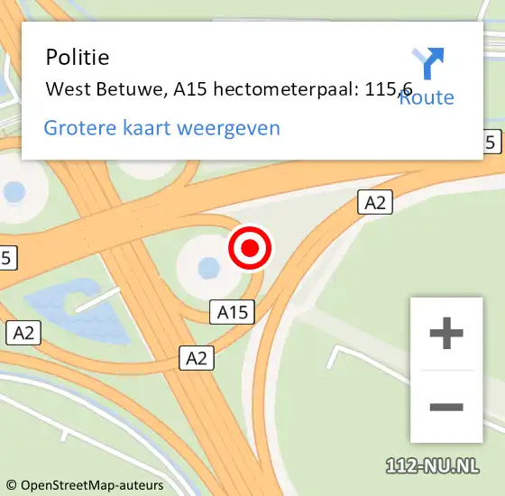 Locatie op kaart van de 112 melding: Politie West Betuwe, A15 hectometerpaal: 115,6 op 15 juni 2024 06:31