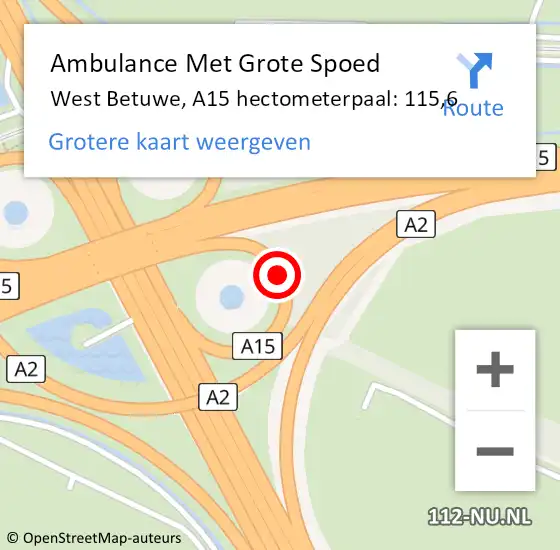 Locatie op kaart van de 112 melding: Ambulance Met Grote Spoed Naar West Betuwe, A15 hectometerpaal: 115,6 op 15 juni 2024 06:49