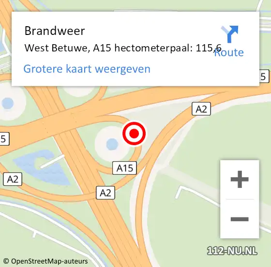 Locatie op kaart van de 112 melding: Brandweer West Betuwe, A15 hectometerpaal: 115,6 op 15 juni 2024 08:32