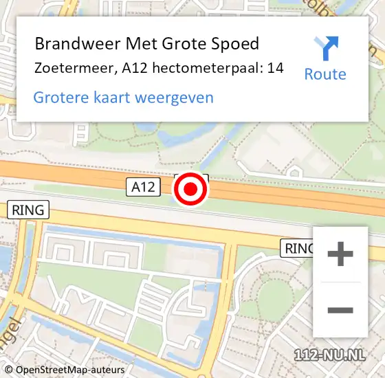 Locatie op kaart van de 112 melding: Brandweer Met Grote Spoed Naar Zoetermeer, A12 hectometerpaal: 14 op 15 juni 2024 09:09