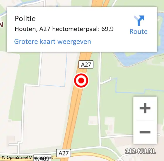 Locatie op kaart van de 112 melding: Politie Houten, A27 hectometerpaal: 69,9 op 15 juni 2024 09:49