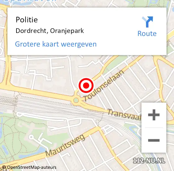 Locatie op kaart van de 112 melding: Politie Dordrecht, Oranjepark op 15 juni 2024 10:33