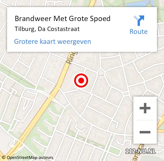 Locatie op kaart van de 112 melding: Brandweer Met Grote Spoed Naar Tilburg, Da Costastraat op 15 juni 2024 10:55