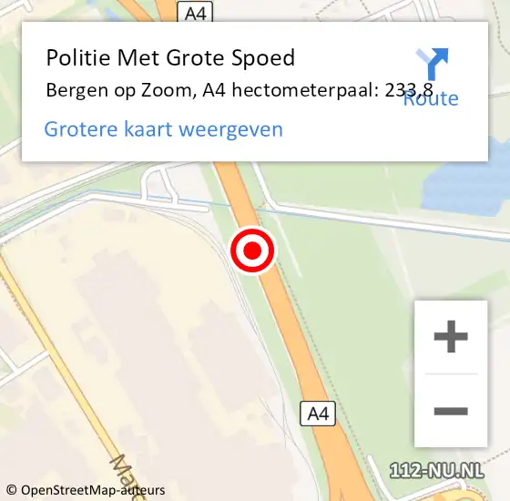Locatie op kaart van de 112 melding: Politie Met Grote Spoed Naar Bergen op Zoom, A4 hectometerpaal: 233,8 op 15 juni 2024 12:23
