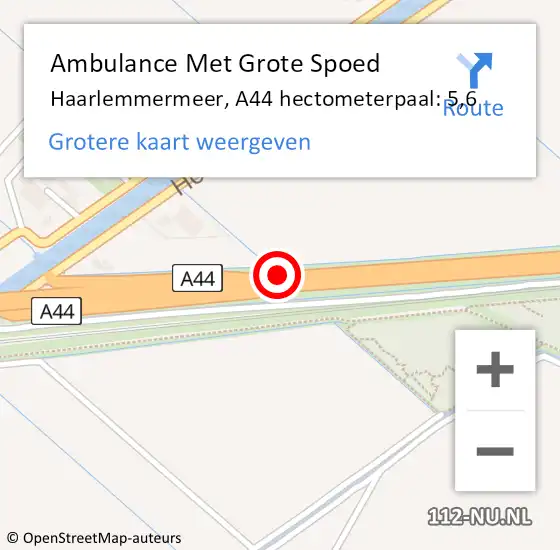 Locatie op kaart van de 112 melding: Ambulance Met Grote Spoed Naar Haarlemmermeer, A44 hectometerpaal: 5,6 op 15 juni 2024 14:15