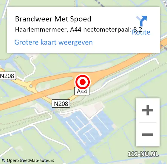 Locatie op kaart van de 112 melding: Brandweer Met Spoed Naar Haarlemmermeer, A44 hectometerpaal: 8,2 op 15 juni 2024 14:18