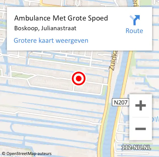 Locatie op kaart van de 112 melding: Ambulance Met Grote Spoed Naar Boskoop, Julianastraat op 15 juni 2024 14:42