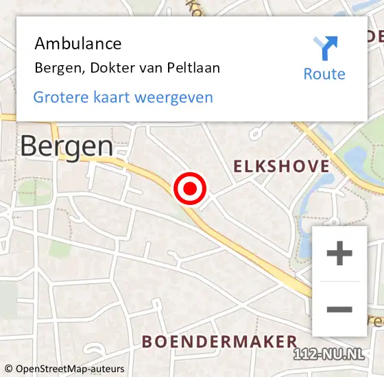 Locatie op kaart van de 112 melding: Ambulance Bergen, Dokter van Peltlaan op 15 juni 2024 14:49