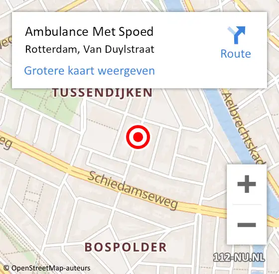 Locatie op kaart van de 112 melding: Ambulance Met Spoed Naar Rotterdam, Van Duylstraat op 15 juni 2024 14:56