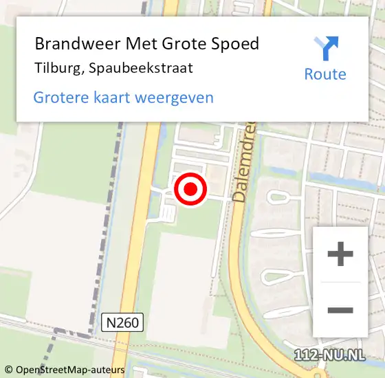 Locatie op kaart van de 112 melding: Brandweer Met Grote Spoed Naar Tilburg, Spaubeekstraat op 15 juni 2024 15:12