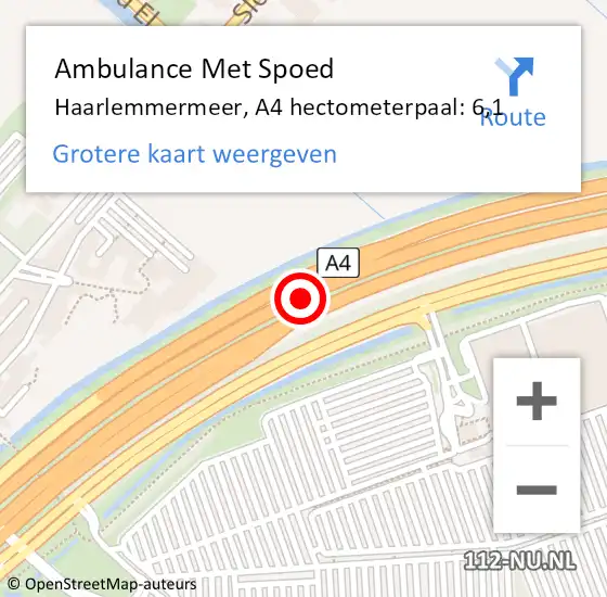 Locatie op kaart van de 112 melding: Ambulance Met Spoed Naar Haarlemmermeer, A4 hectometerpaal: 6,1 op 15 juni 2024 15:26