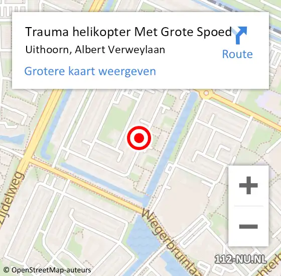 Locatie op kaart van de 112 melding: Trauma helikopter Met Grote Spoed Naar Uithoorn, Albert Verweylaan op 15 juni 2024 16:06