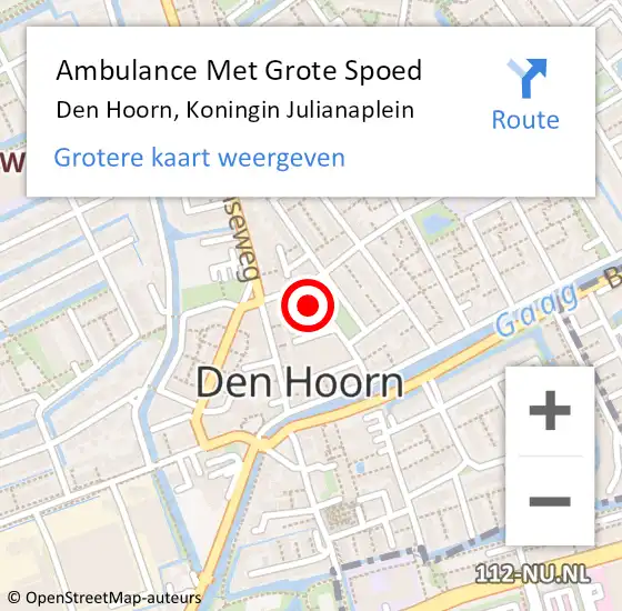 Locatie op kaart van de 112 melding: Ambulance Met Grote Spoed Naar Den Hoorn, Koningin Julianaplein op 15 juni 2024 20:00