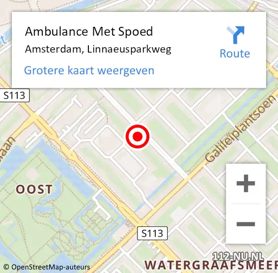 Locatie op kaart van de 112 melding: Ambulance Met Spoed Naar Amsterdam, Linnaeusparkweg op 15 juni 2024 22:48