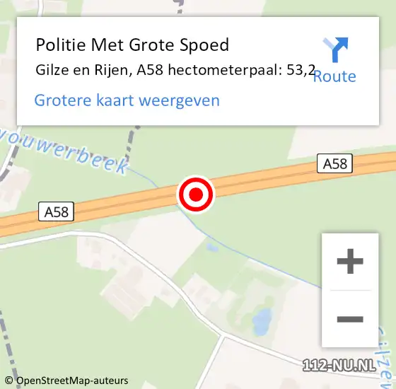 Locatie op kaart van de 112 melding: Politie Met Grote Spoed Naar Gilze en Rijen, A58 hectometerpaal: 53,2 op 16 juni 2024 03:36
