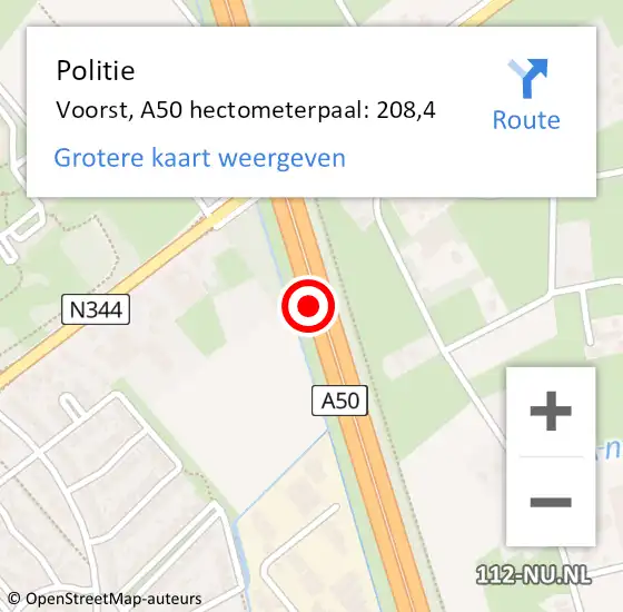 Locatie op kaart van de 112 melding: Politie Voorst, A50 hectometerpaal: 208,4 op 16 juni 2024 04:15