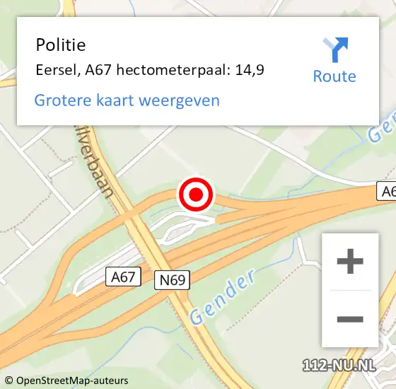 Locatie op kaart van de 112 melding: Politie Eersel, A67 hectometerpaal: 14,9 op 16 juni 2024 06:14