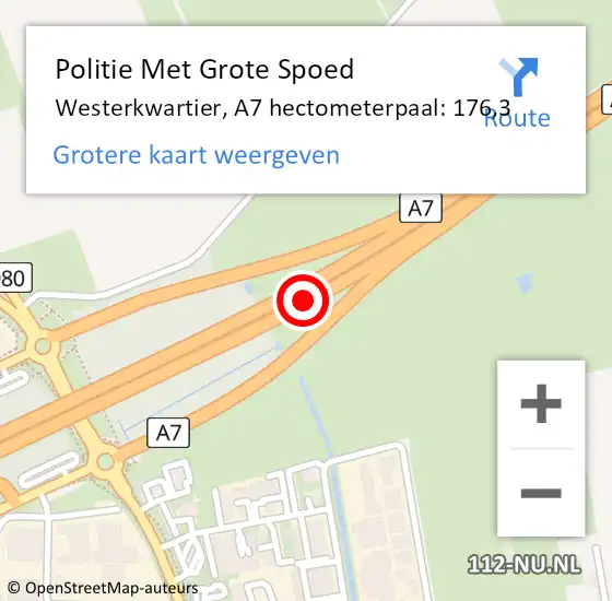 Locatie op kaart van de 112 melding: Politie Met Grote Spoed Naar Westerkwartier, A7 hectometerpaal: 176,3 op 16 juni 2024 08:18