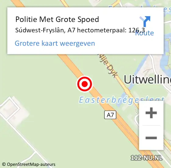 Locatie op kaart van de 112 melding: Politie Met Grote Spoed Naar Súdwest-Fryslân, A7 hectometerpaal: 126,3 op 16 juni 2024 08:41