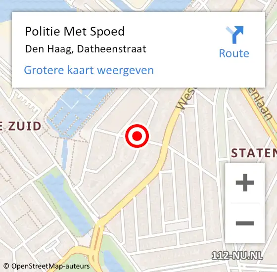 Locatie op kaart van de 112 melding: Politie Met Spoed Naar Den Haag, Datheenstraat op 16 juni 2024 12:31