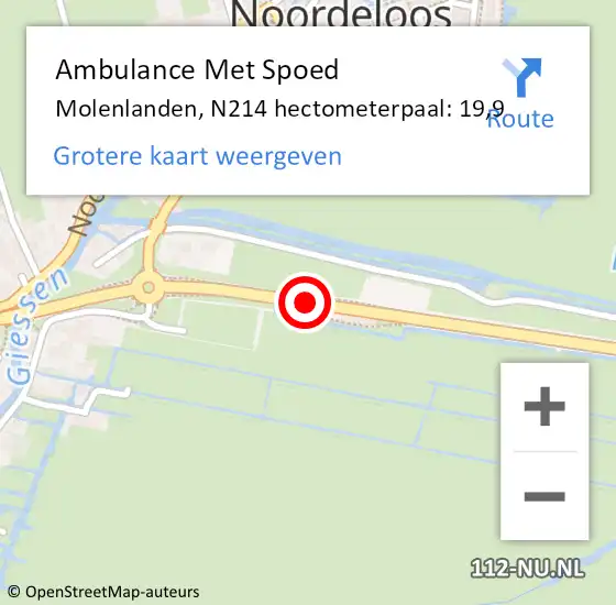 Locatie op kaart van de 112 melding: Ambulance Met Spoed Naar Molenlanden, N214 hectometerpaal: 19,9 op 16 juni 2024 13:18