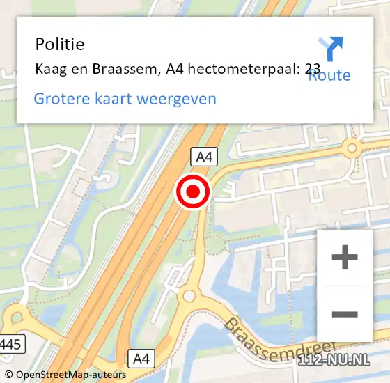 Locatie op kaart van de 112 melding: Politie Kaag en Braassem, A4 hectometerpaal: 23 op 16 juni 2024 13:34