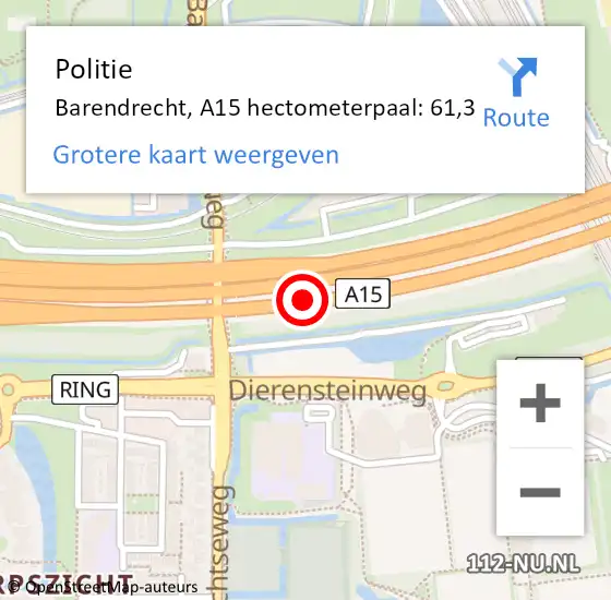 Locatie op kaart van de 112 melding: Politie Barendrecht, A15 hectometerpaal: 61,3 op 16 juni 2024 14:38