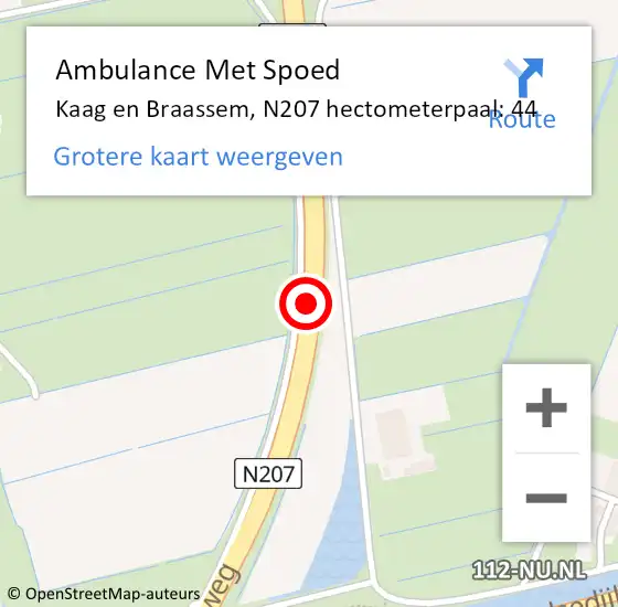 Locatie op kaart van de 112 melding: Ambulance Met Spoed Naar Kaag en Braassem, N207 hectometerpaal: 44 op 16 juni 2024 15:54