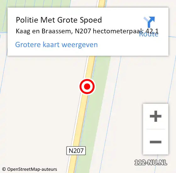 Locatie op kaart van de 112 melding: Politie Met Grote Spoed Naar Kaag en Braassem, N207 hectometerpaal: 42,1 op 16 juni 2024 15:54