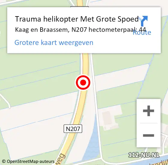 Locatie op kaart van de 112 melding: Trauma helikopter Met Grote Spoed Naar Kaag en Braassem, N207 hectometerpaal: 44 op 16 juni 2024 15:56