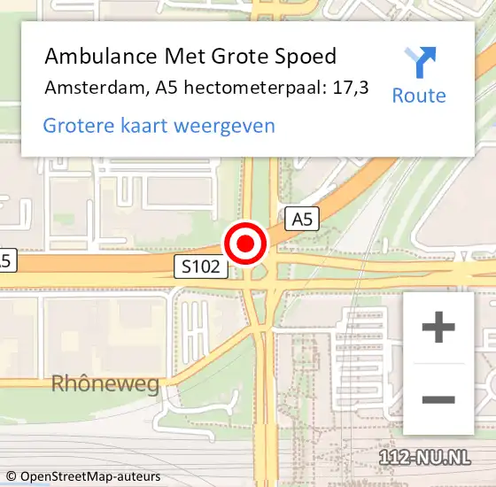Locatie op kaart van de 112 melding: Ambulance Met Grote Spoed Naar Amsterdam, A5 hectometerpaal: 17,3 op 16 juni 2024 16:03